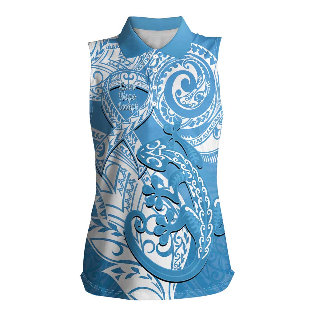 Personalised New Zealand Autism Awareness Women Sleeveless Polo Shirt NZ Fern With Maori Koru Lizard