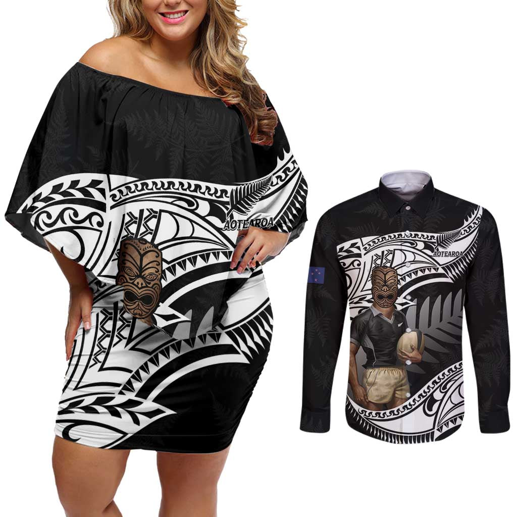 Custom New Zealand Silver Fern Rugby Couples Matching Off Shoulder Short Dress and Long Sleeve Button Shirt 2024 Aotearoa Maori Mascot Go All Black