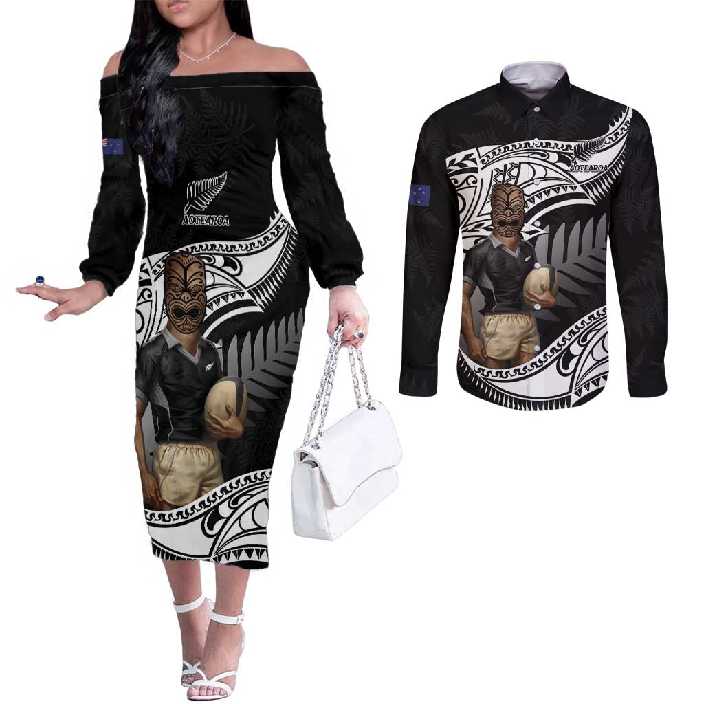 Custom New Zealand Silver Fern Rugby Couples Matching Off The Shoulder Long Sleeve Dress and Long Sleeve Button Shirt 2024 Aotearoa Maori Mascot Go All Black