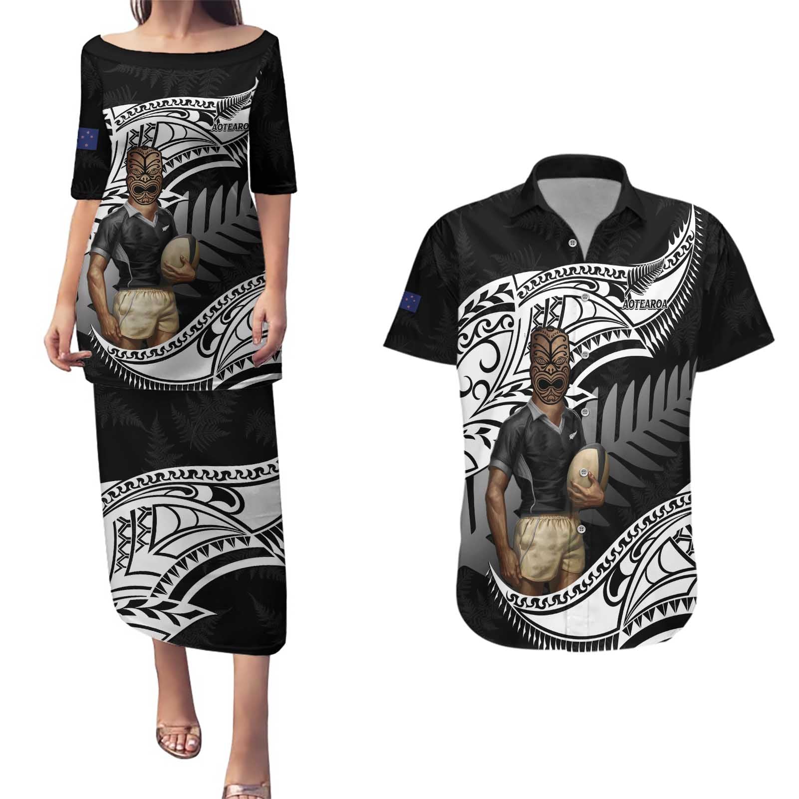 Custom New Zealand Silver Fern Rugby Couples Matching Puletasi and Hawaiian Shirt 2024 Aotearoa Maori Mascot Go All Black