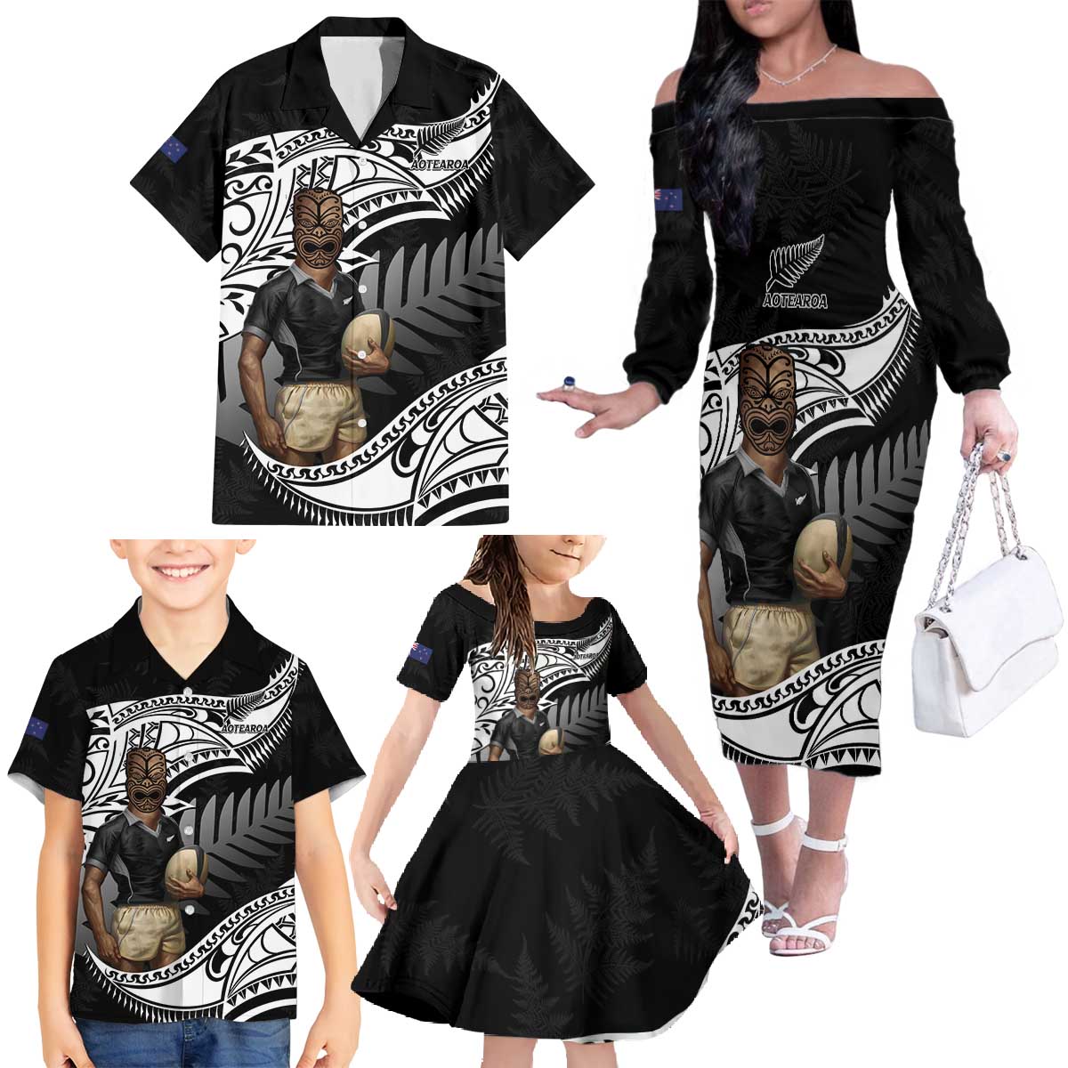 Custom New Zealand Silver Fern Rugby Family Matching Off The Shoulder Long Sleeve Dress and Hawaiian Shirt 2024 Aotearoa Maori Mascot Go All Black