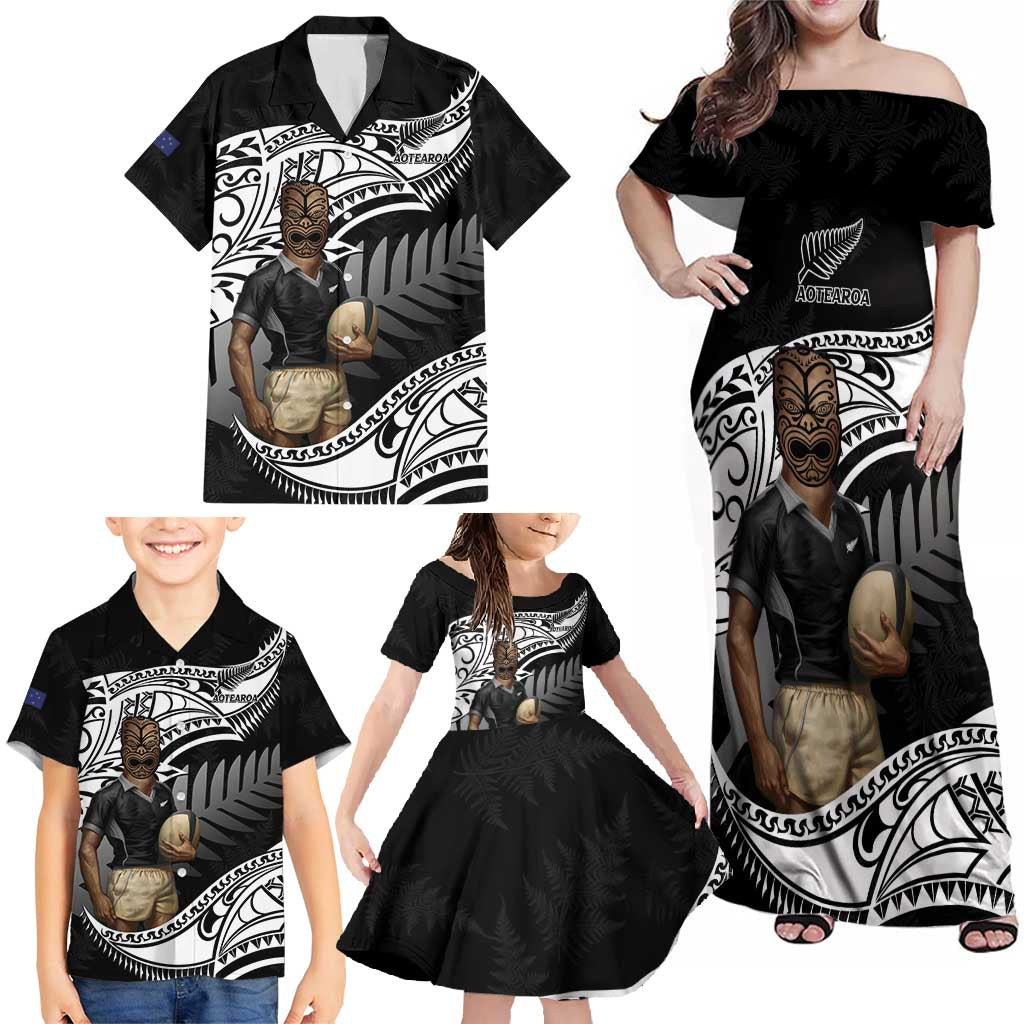 Custom New Zealand Silver Fern Rugby Family Matching Off Shoulder Maxi Dress and Hawaiian Shirt 2024 Aotearoa Maori Mascot Go All Black