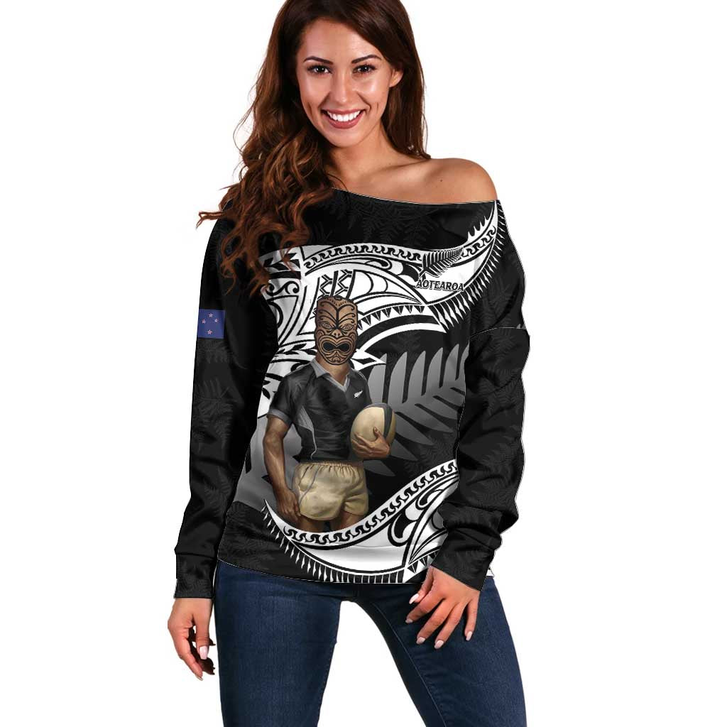 Custom New Zealand Silver Fern Rugby Off Shoulder Sweater 2024 Aotearoa Maori Mascot Go All Black LT14 Women Black - Polynesian Pride