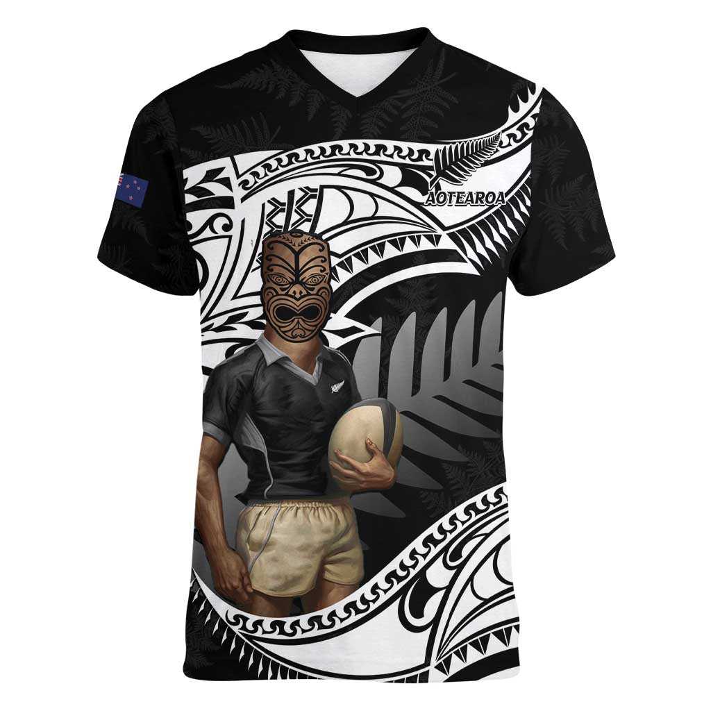 Custom New Zealand Silver Fern Rugby Women V-Neck T-Shirt 2024 Aotearoa Maori Mascot Go All Black