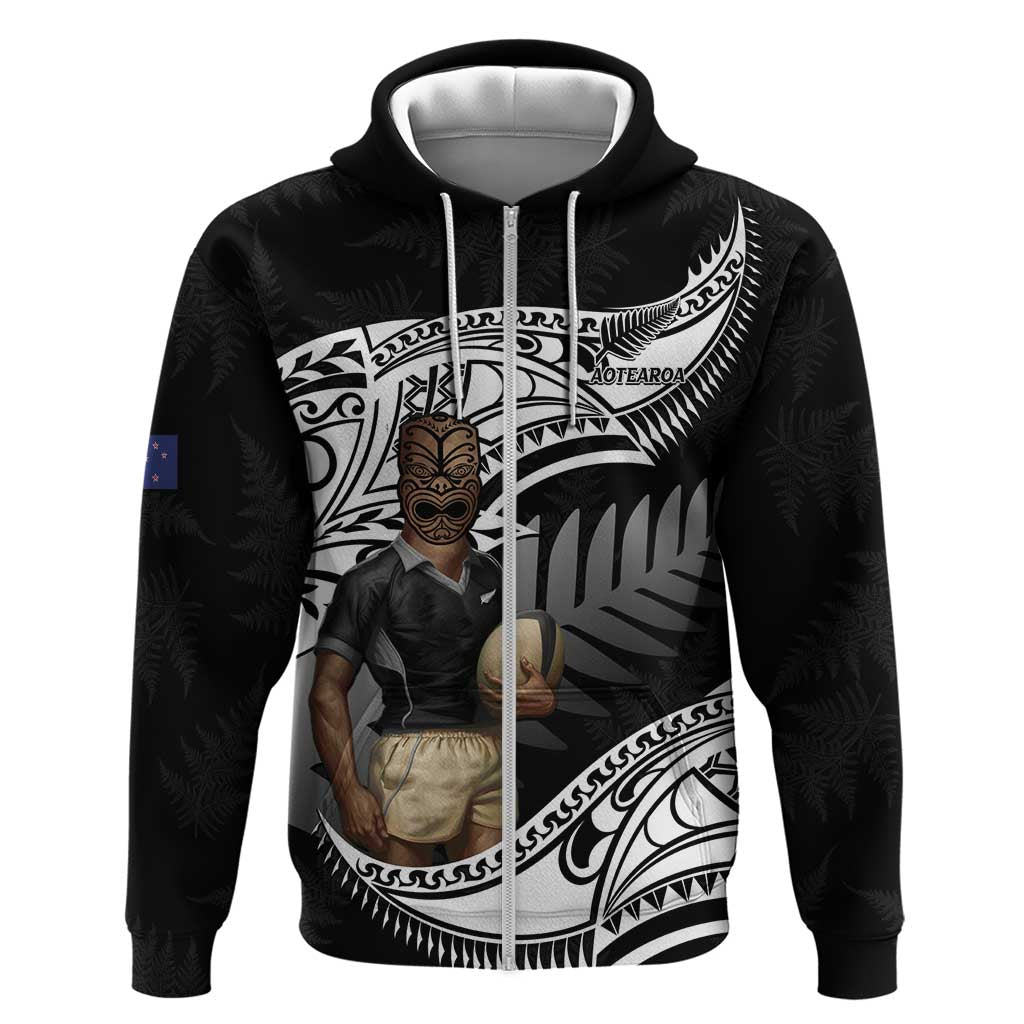 Custom New Zealand Silver Fern Rugby Zip Hoodie 2024 Aotearoa Maori Mascot Go All Black LT14 Zip Hoodie Black - Polynesian Pride