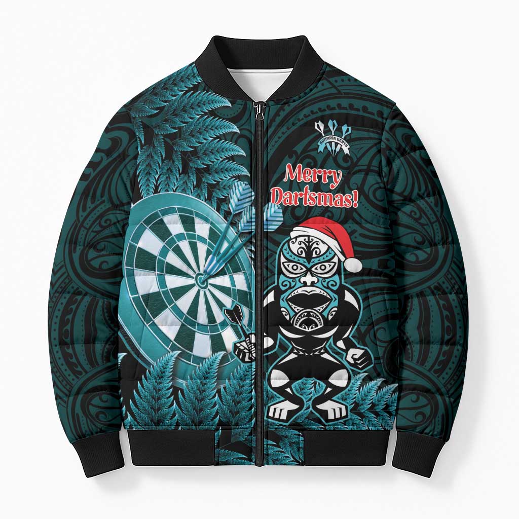Personalised New Zealand Darts Christmas Bomber Puffer Jacket Maori Fern Merry Dartsmas LT14 Unisex Cyan - Polynesian Pride