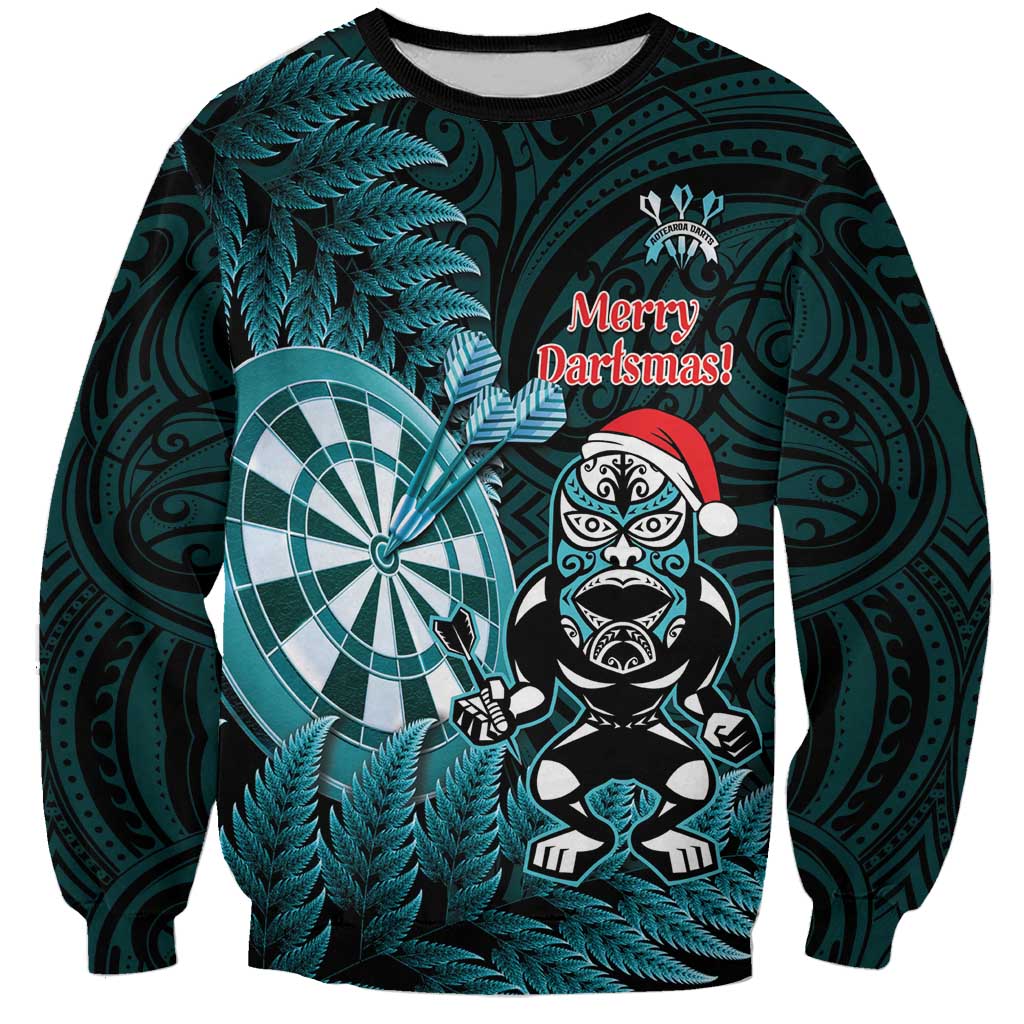 Personalised New Zealand Darts Christmas Sweatshirt Maori Fern Merry Dartsmas LT14 Unisex Cyan - Polynesian Pride
