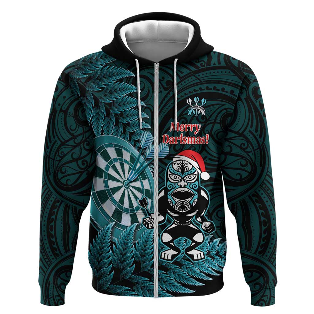 Personalised New Zealand Darts Christmas Zip Hoodie Maori Fern Merry Dartsmas LT14 Zip Hoodie Cyan - Polynesian Pride