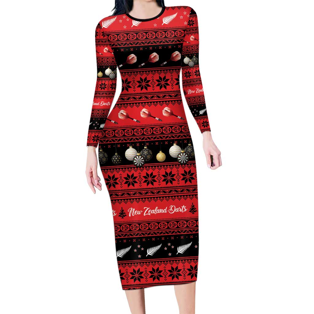 New Zealand Darts Christmas Long Sleeve Bodycon Dress Merry Xmas Aotearoa Maori Red LT14 Long Dress Red - Polynesian Pride