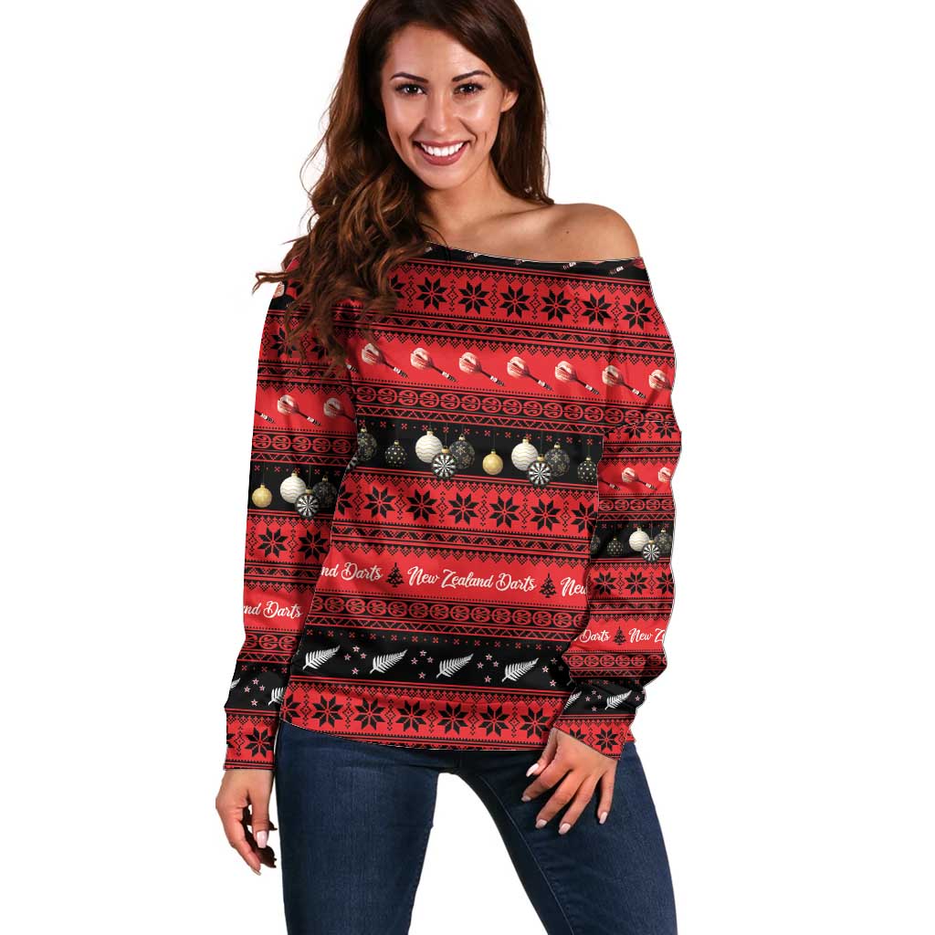 New Zealand Darts Christmas Off Shoulder Sweater Merry Xmas Aotearoa Maori Red LT14 Women Red - Polynesian Pride