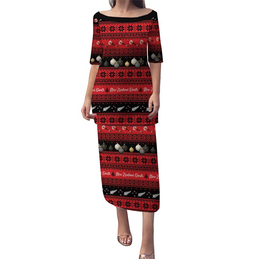 New Zealand Darts Christmas Puletasi Merry Xmas Aotearoa Maori Red LT14 Long Dress Red - Polynesian Pride