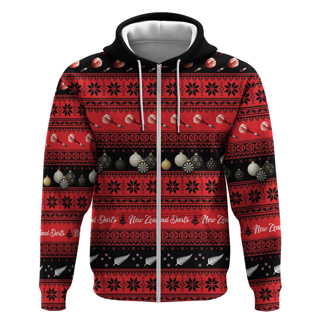 New Zealand Darts Christmas Zip Hoodie Merry Xmas Aotearoa Maori Red LT14 Zip Hoodie Red - Polynesian Pride