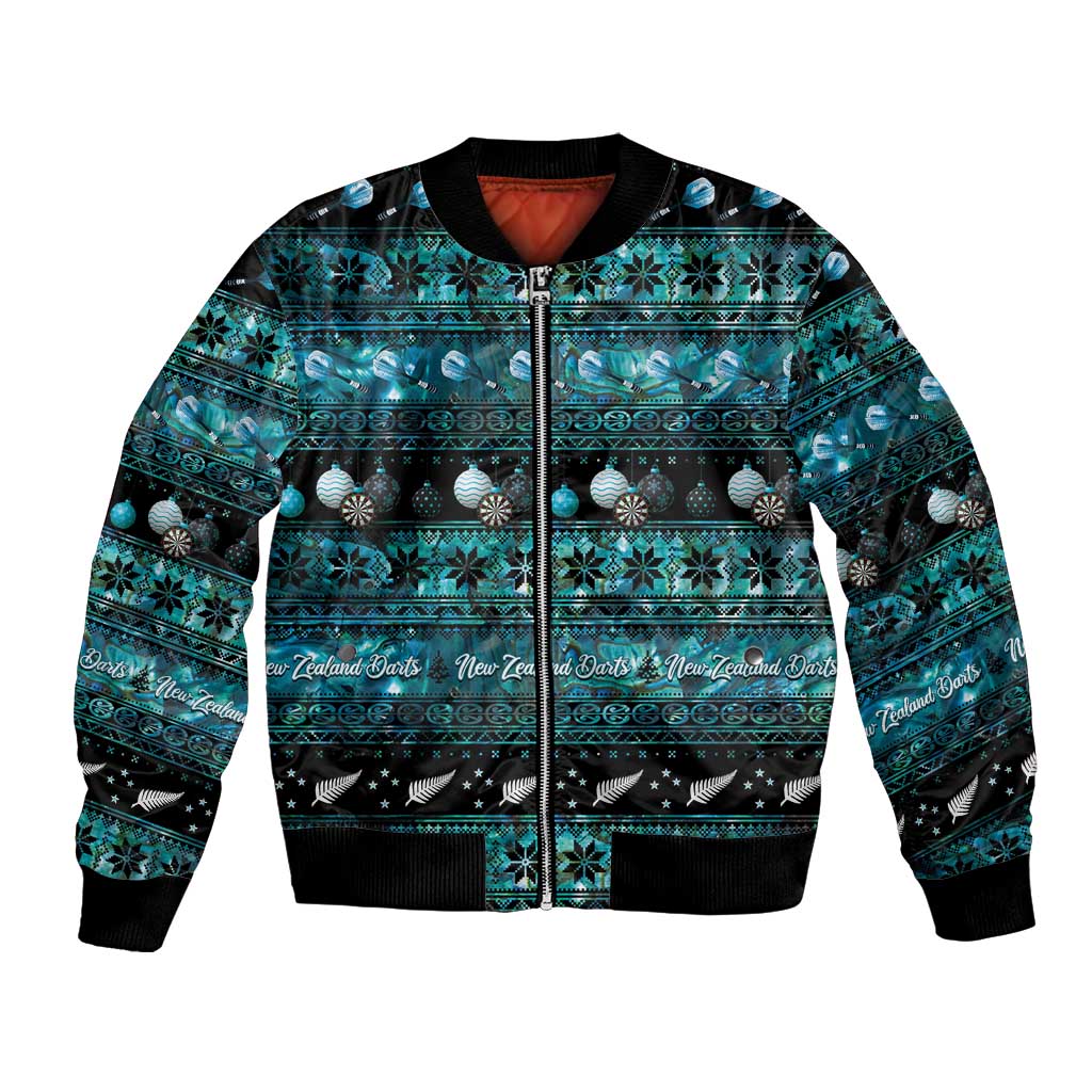 New Zealand Darts Christmas Bomber Jacket Merry Xmas Aotearoa Maori Paua Shell LT14 Unisex Cyan - Polynesian Pride