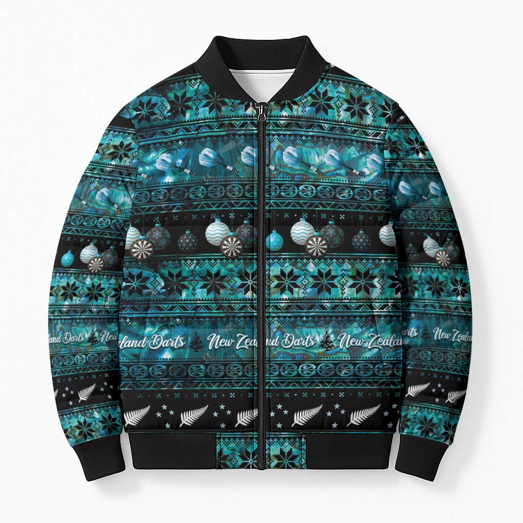 New Zealand Darts Christmas Bomber Puffer Jacket Merry Xmas Aotearoa Maori Paua Shell LT14 Unisex Cyan - Polynesian Pride