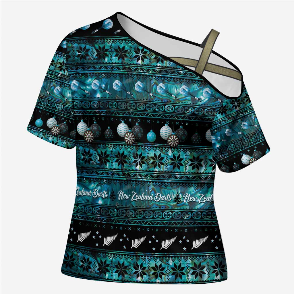 New Zealand Darts Christmas Cross Shoulder Shirt Merry Xmas Aotearoa Maori Paua Shell LT14 Female Cyan - Polynesian Pride