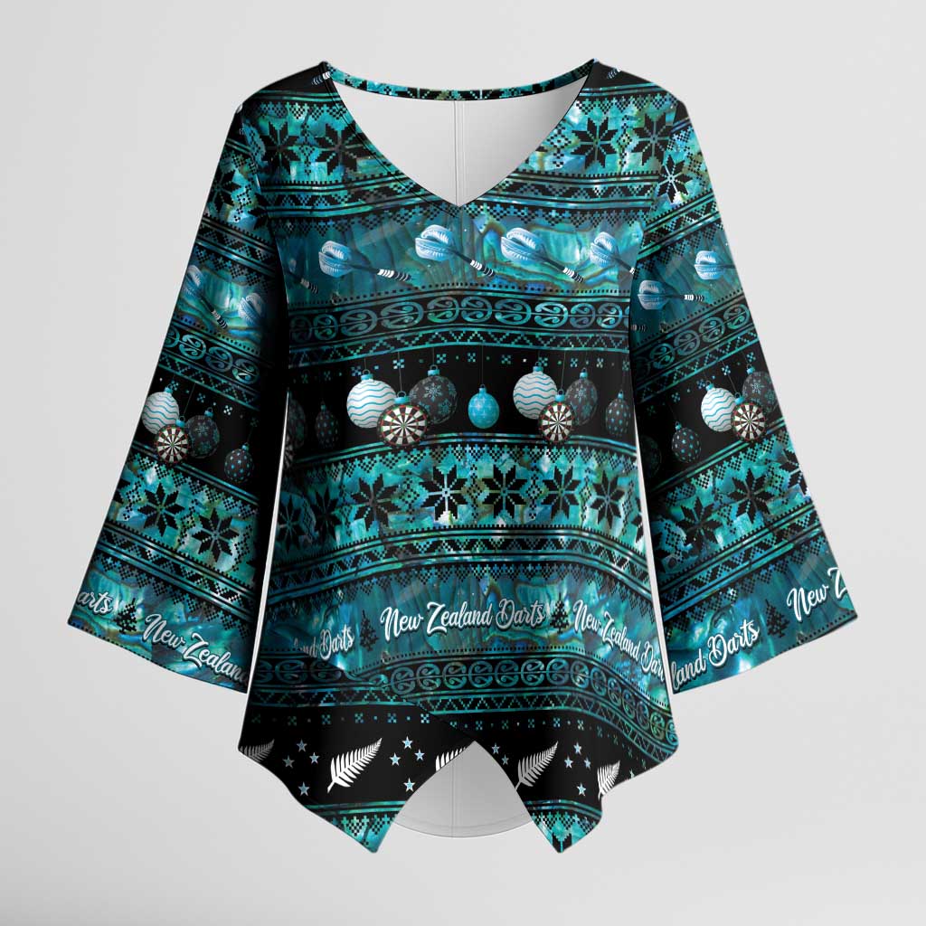 New Zealand Darts Christmas Kimono Sleeve Blouse Merry Xmas Aotearoa Maori Paua Shell LT14 Female Cyan - Polynesian Pride