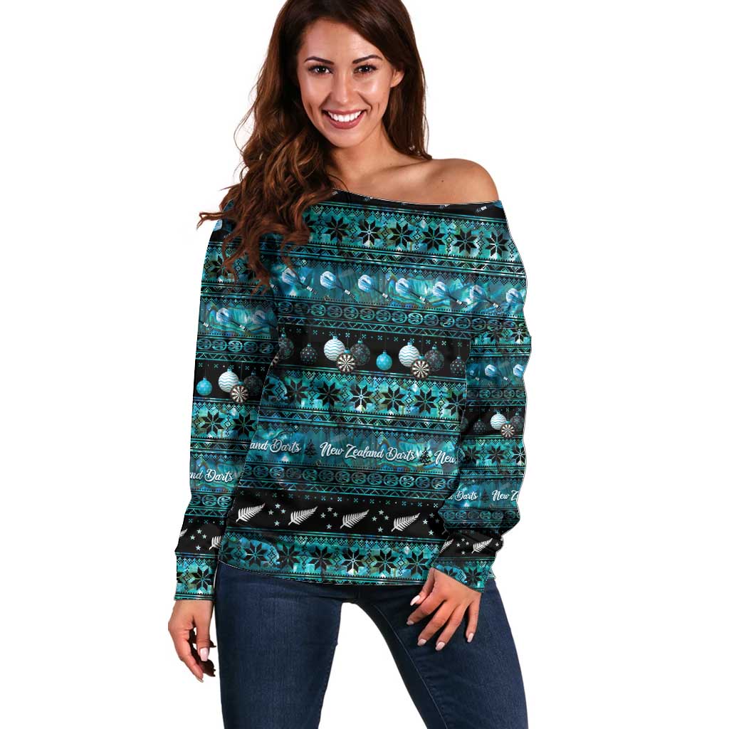 New Zealand Darts Christmas Off Shoulder Sweater Merry Xmas Aotearoa Maori Paua Shell LT14 Women Cyan - Polynesian Pride