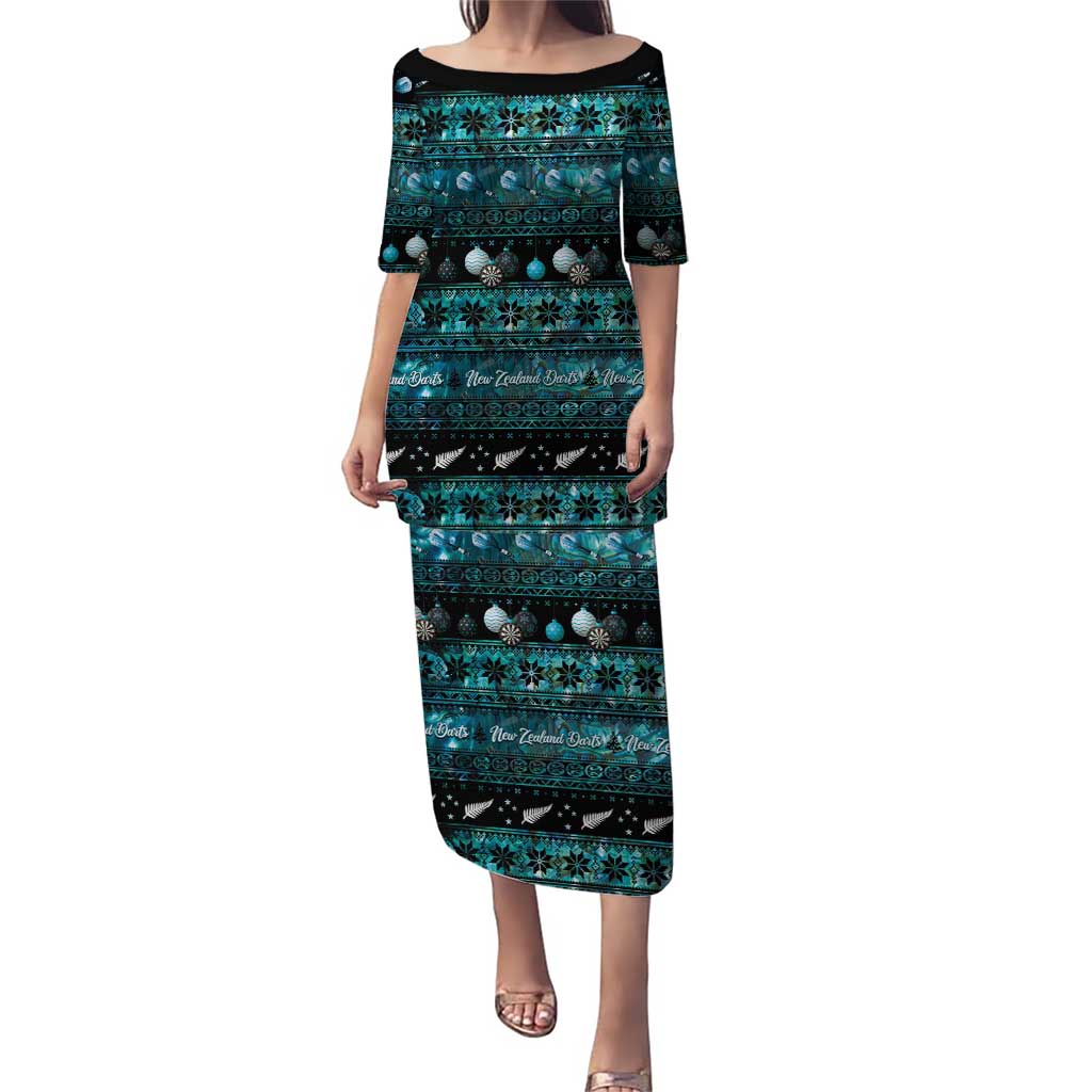 New Zealand Darts Christmas Puletasi Merry Xmas Aotearoa Maori Paua Shell LT14 Long Dress Cyan - Polynesian Pride