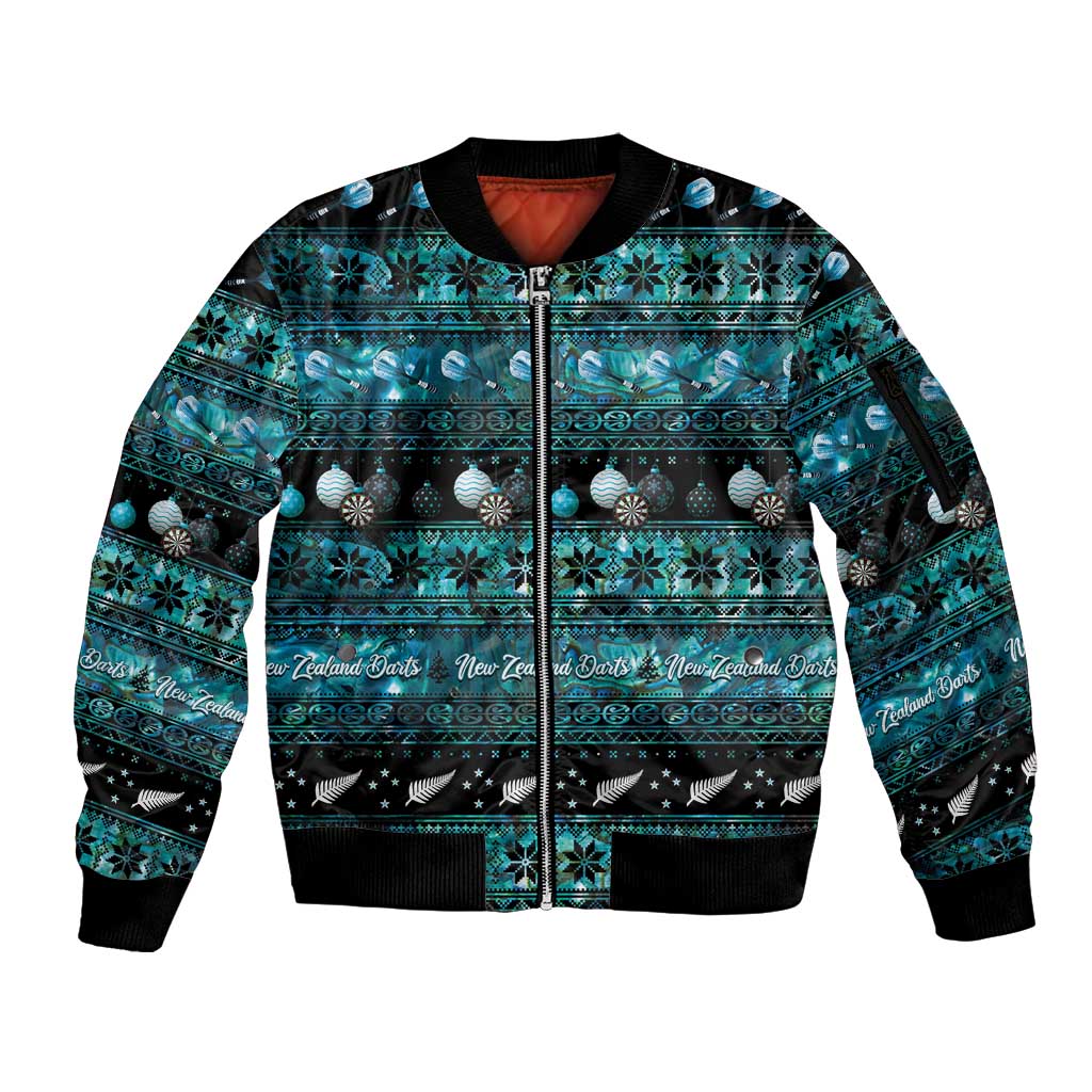 New Zealand Darts Christmas Sleeve Zip Bomber Jacket Merry Xmas Aotearoa Maori Paua Shell LT14 Unisex Cyan - Polynesian Pride