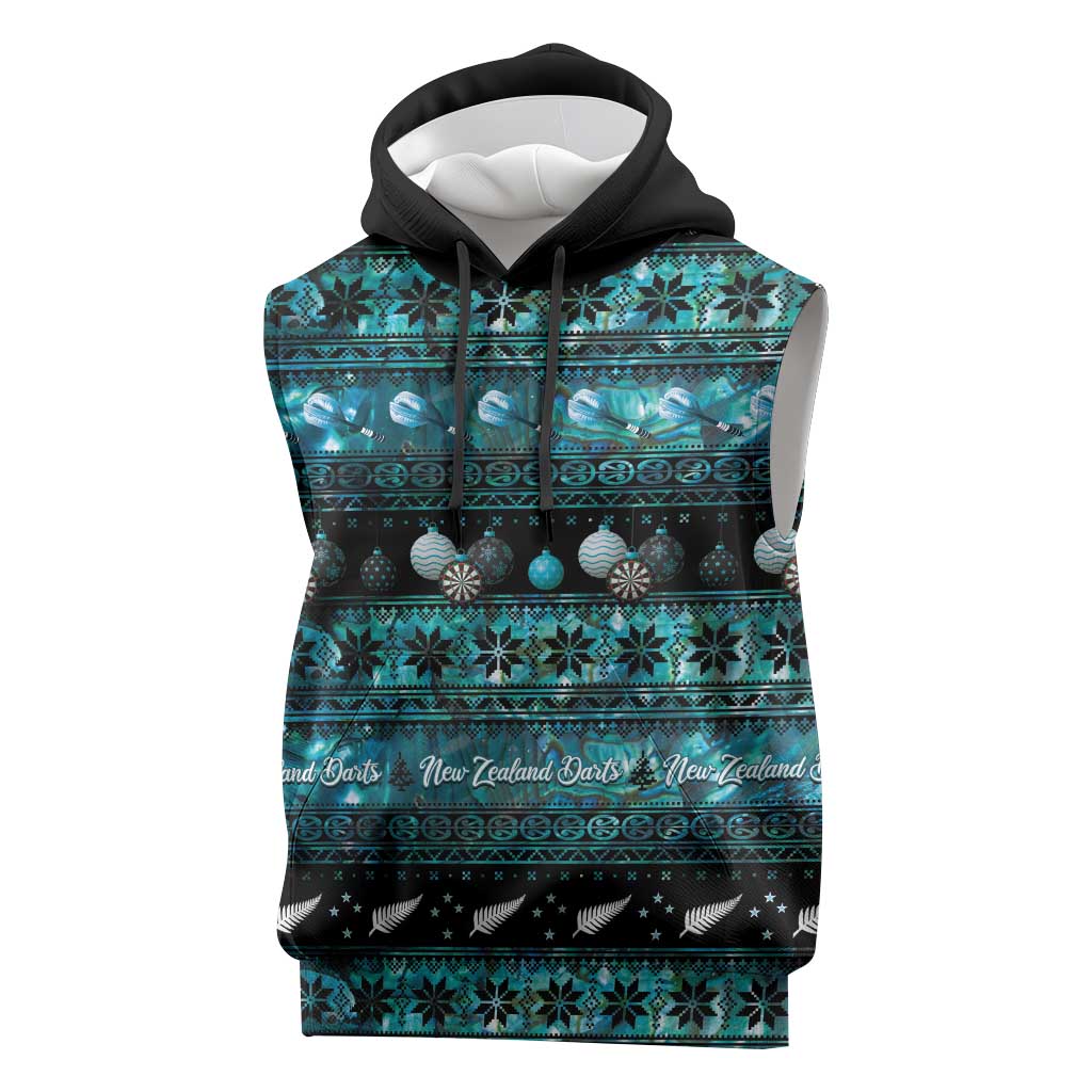 New Zealand Darts Christmas Sleeveless Hoodie Merry Xmas Aotearoa Maori Paua Shell LT14 Cyan - Polynesian Pride