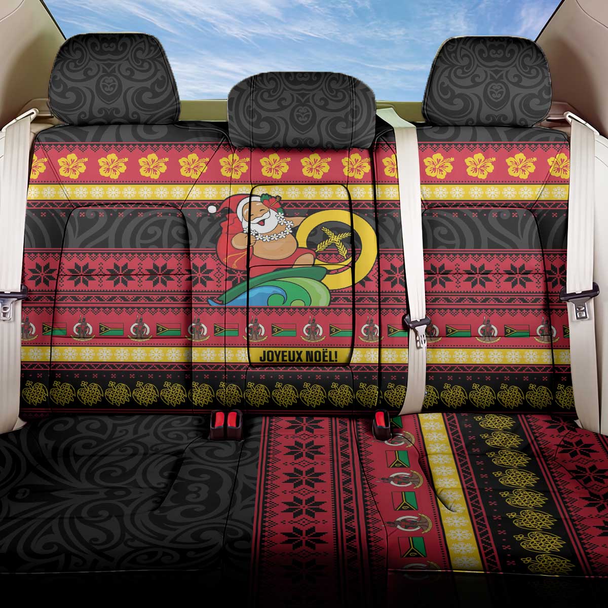Vanuatu Christmas Back Car Seat Cover Joyeux Noel Surfing Santa With Boar Tusk LT14 One Size Red - Polynesian Pride
