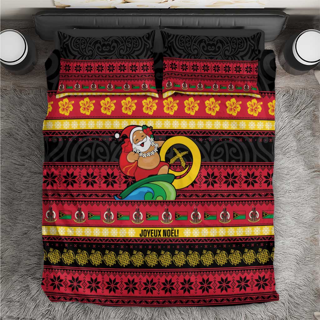 Vanuatu Christmas Bedding Set Joyeux Noel Surfing Santa With Boar Tusk LT14 Red - Polynesian Pride