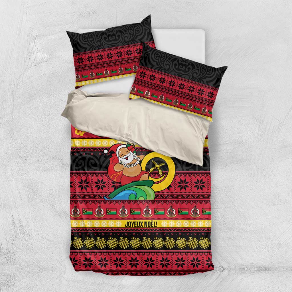 Vanuatu Christmas Bedding Set Joyeux Noel Surfing Santa With Boar Tusk LT14 US Twin 172cm x 218cm Red - Polynesian Pride