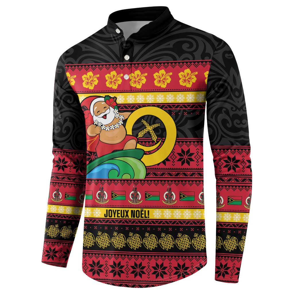 Vanuatu Christmas Button Sweatshirt Joyeux Noel Surfing Santa With Boar Tusk LT14 - Polynesian Pride