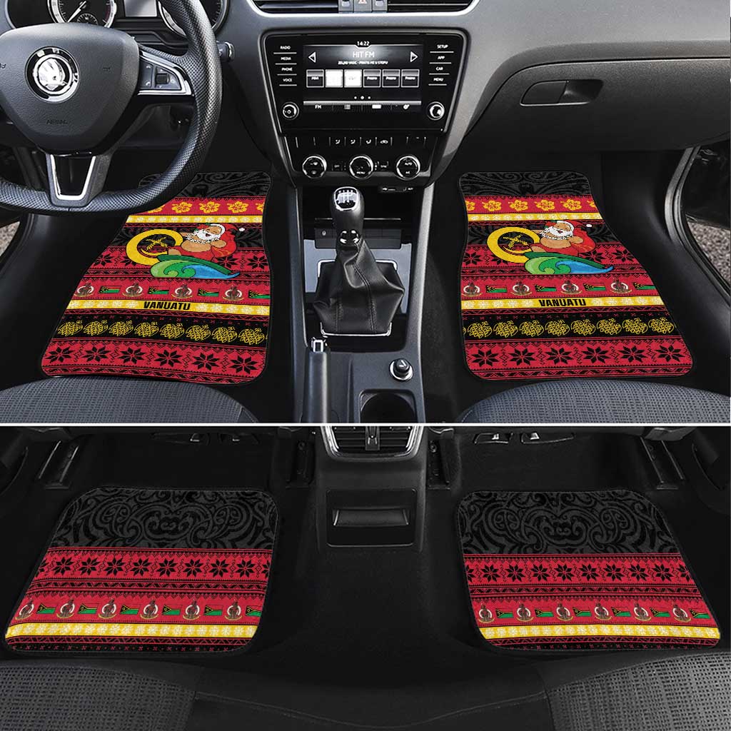 Vanuatu Christmas Car Mats Joyeux Noel Surfing Santa With Boar Tusk LT14 Set 4pcs Red - Polynesian Pride