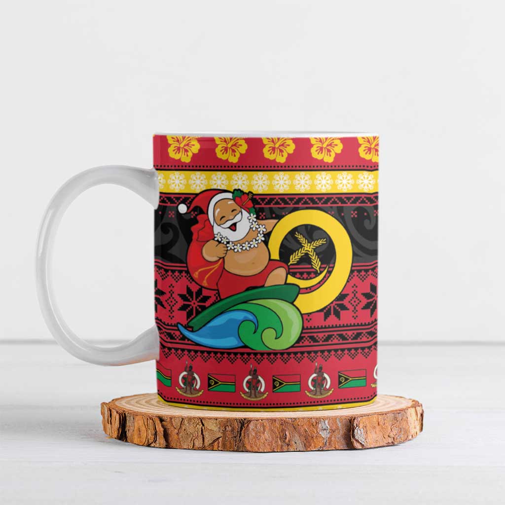 Vanuatu Christmas Ceramic Mug Joyeux Noel Surfing Santa With Boar Tusk LT14 Red - Polynesian Pride