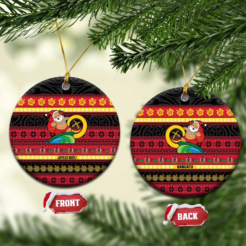 Vanuatu Christmas Ceramic Ornament Joyeux Noel Surfing Santa With Boar Tusk LT14 Circle Red - Polynesian Pride