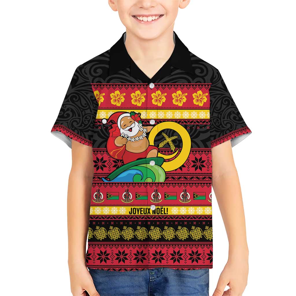 Vanuatu Christmas Kid Hawaiian Shirt Joyeux Noel Surfing Santa With Boar Tusk LT14 Kid Red - Polynesian Pride