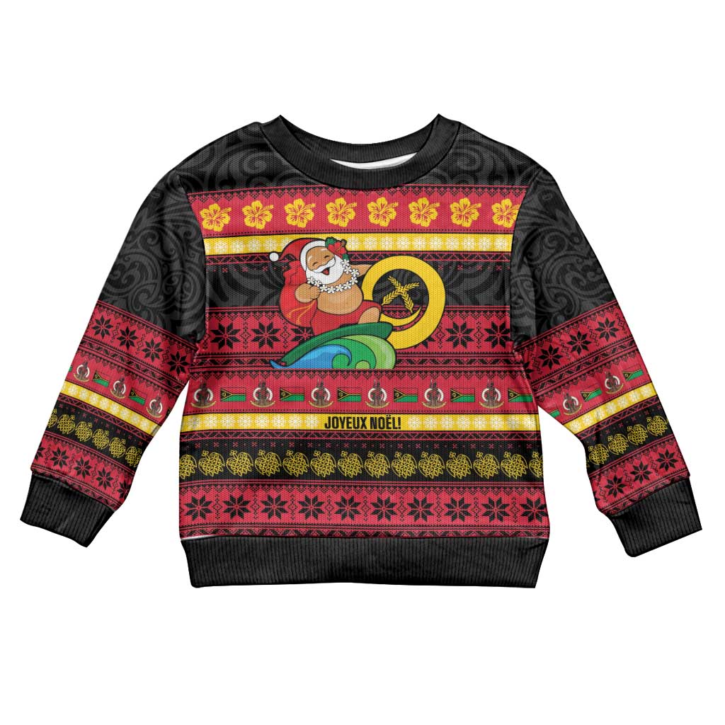 Vanuatu Christmas Kid Ugly Christmas Sweater Joyeux Noel Surfing Santa With Boar Tusk LT14 Kid Red - Polynesian Pride