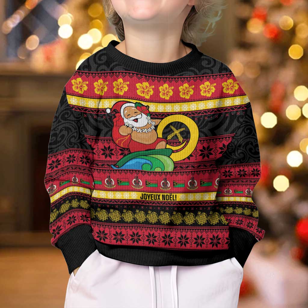 Vanuatu Christmas Kid Ugly Christmas Sweater Joyeux Noel Surfing Santa With Boar Tusk LT14 - Polynesian Pride
