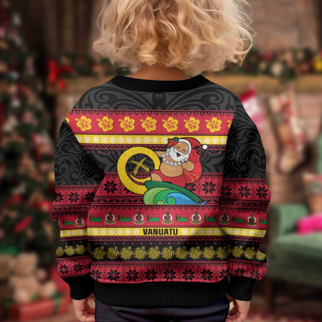 Vanuatu Christmas Kid Ugly Christmas Sweater Joyeux Noel Surfing Santa With Boar Tusk LT14 - Polynesian Pride