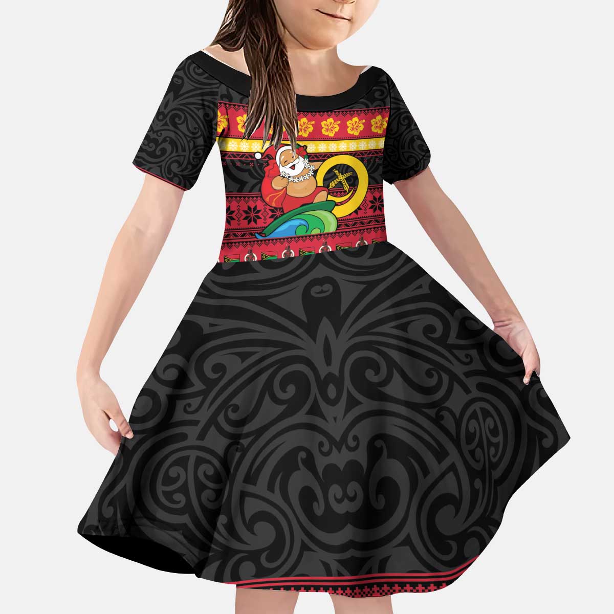 Vanuatu Christmas Kid Short Sleeve Dress Joyeux Noel Surfing Santa With Boar Tusk LT14 KID Red - Polynesian Pride
