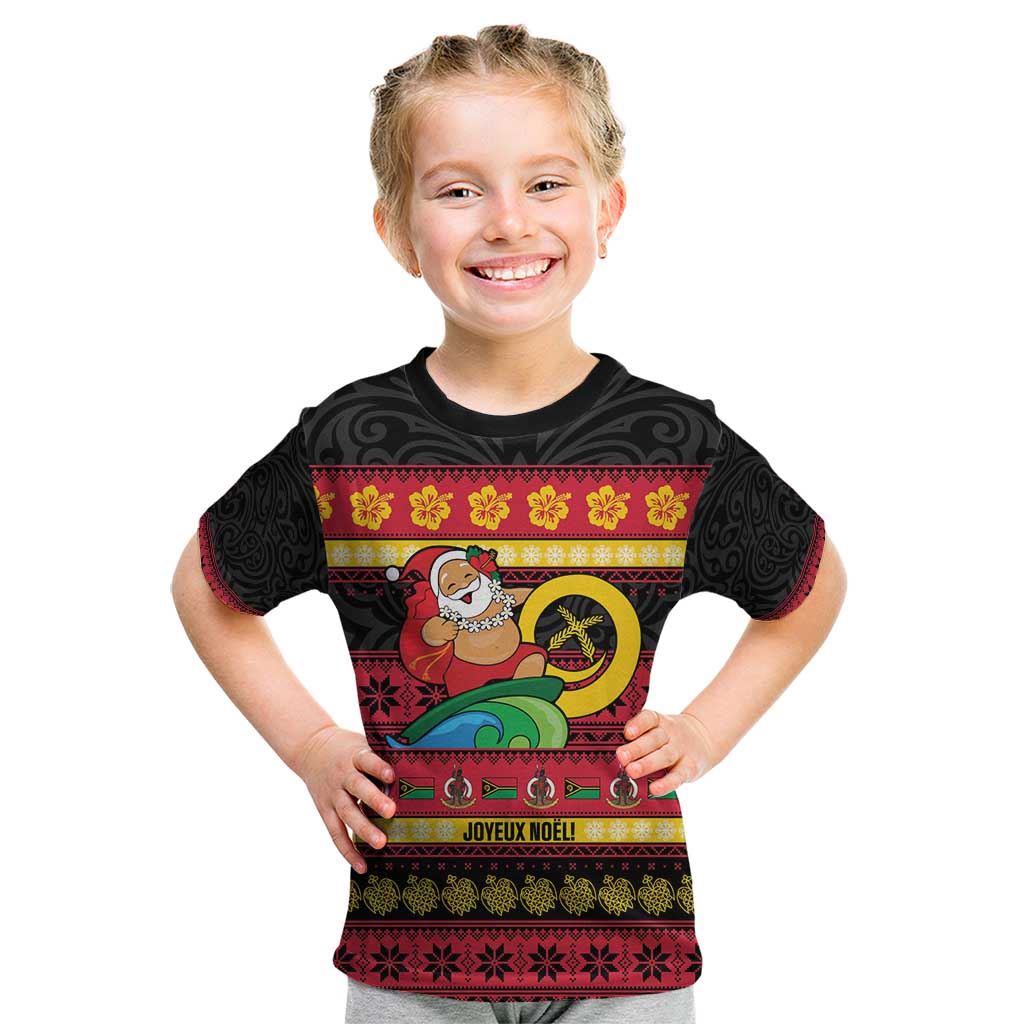 Vanuatu Christmas Kid T Shirt Joyeux Noel Surfing Santa With Boar Tusk LT14 Red - Polynesian Pride