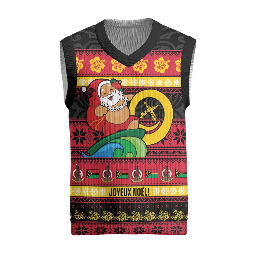 Vanuatu Christmas Knitted V-Neck Vest Joyeux Noel Surfing Santa With Boar Tusk LT14 Red - Polynesian Pride