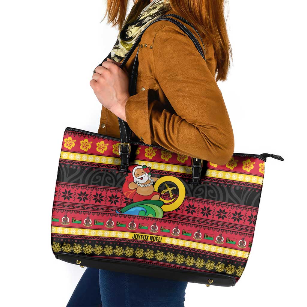Vanuatu Christmas Leather Tote Bag Joyeux Noel Surfing Santa With Boar Tusk LT14 Red - Polynesian Pride
