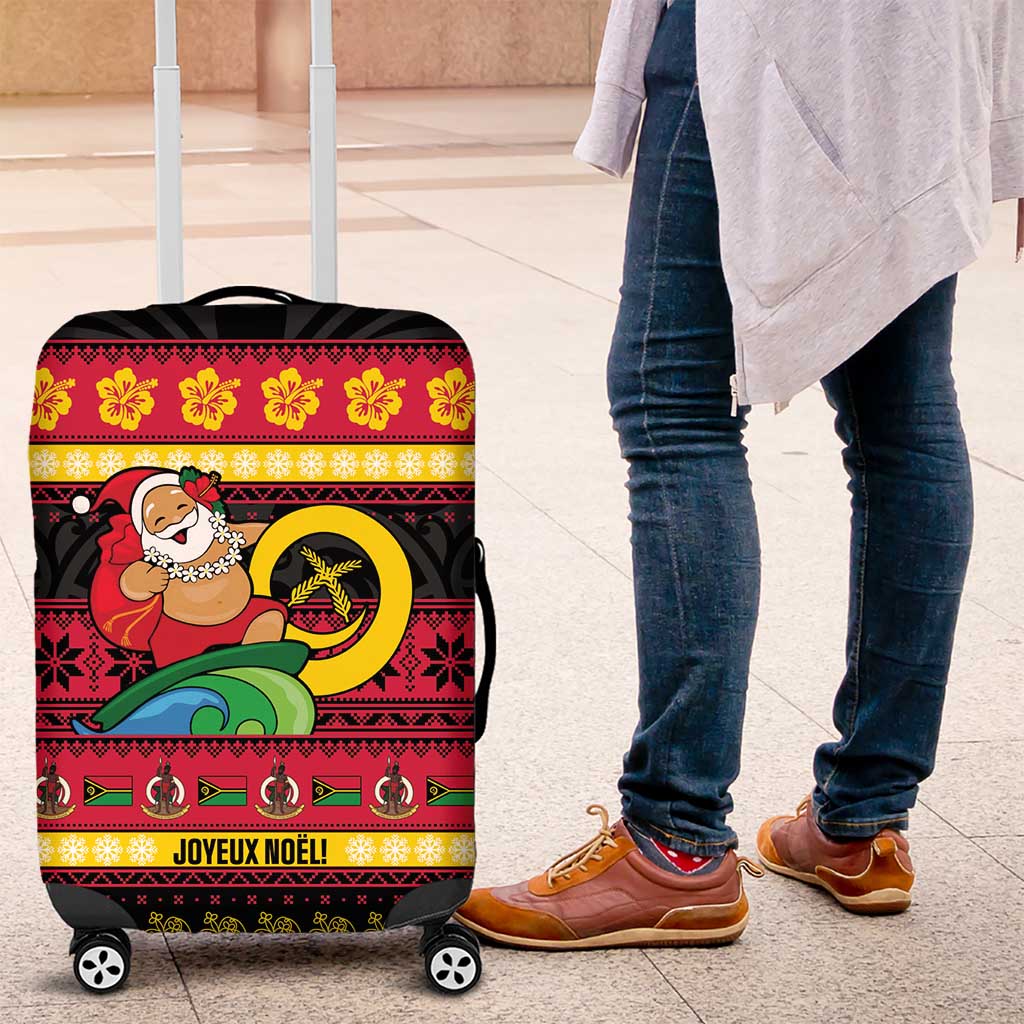 Vanuatu Christmas Luggage Cover Joyeux Noel Surfing Santa With Boar Tusk LT14 Red - Polynesian Pride