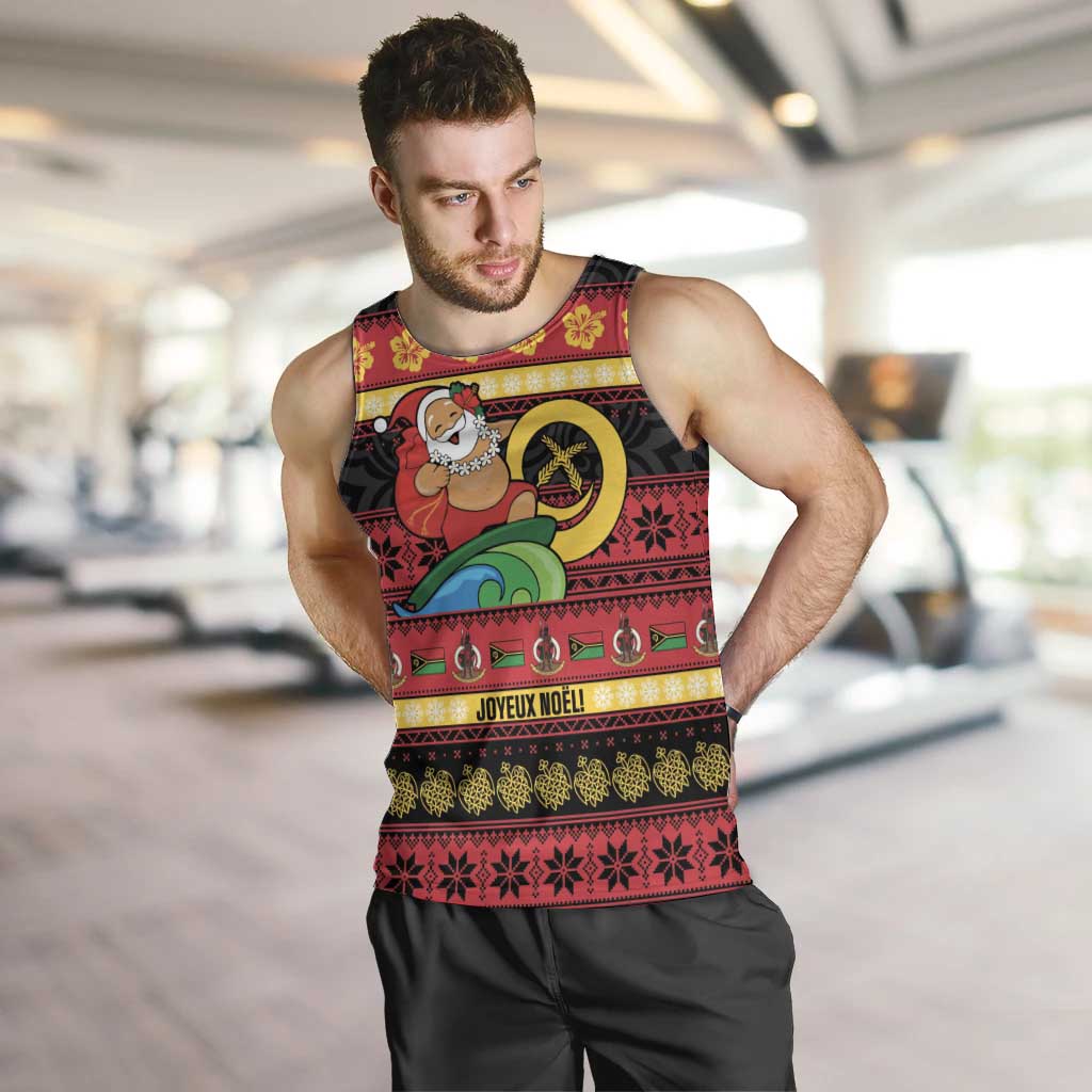 Vanuatu Christmas Men Tank Top Joyeux Noel Surfing Santa With Boar Tusk LT14 Red - Polynesian Pride