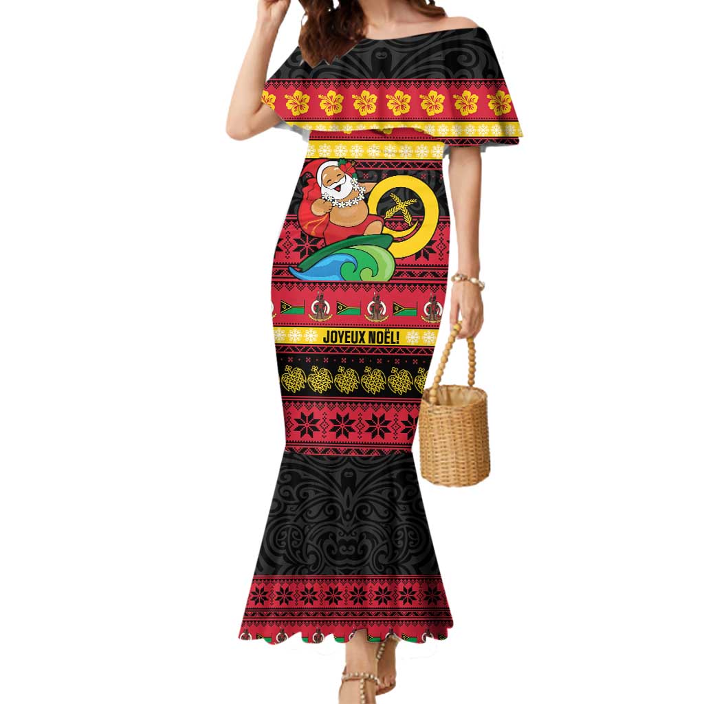 Vanuatu Christmas Mermaid Dress Joyeux Noel Surfing Santa With Boar Tusk LT14 Women Red - Polynesian Pride