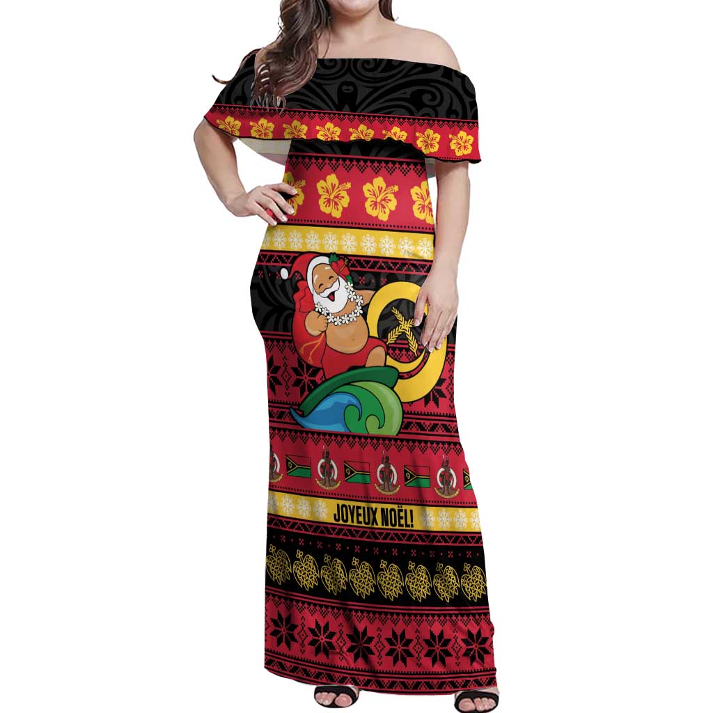 Vanuatu Christmas Off Shoulder Maxi Dress Joyeux Noel Surfing Santa With Boar Tusk LT14 Women Red - Polynesian Pride