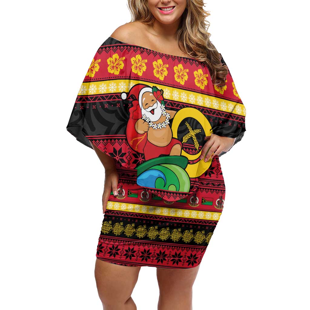 Vanuatu Christmas Off Shoulder Short Dress Joyeux Noel Surfing Santa With Boar Tusk LT14 Women Red - Polynesian Pride