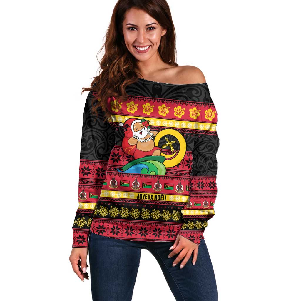 Vanuatu Christmas Off Shoulder Sweater Joyeux Noel Surfing Santa With Boar Tusk LT14 Women Red - Polynesian Pride