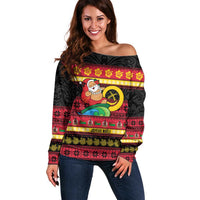 Vanuatu Christmas Off Shoulder Sweater Joyeux Noel Surfing Santa With Boar Tusk LT14 Women Red - Polynesian Pride