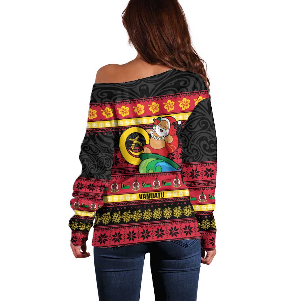 Vanuatu Christmas Off Shoulder Sweater Joyeux Noel Surfing Santa With Boar Tusk LT14 - Polynesian Pride