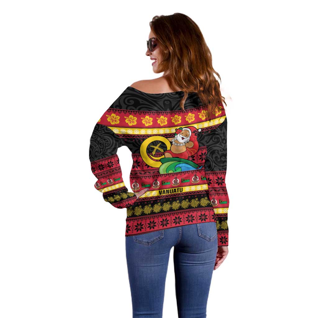 Vanuatu Christmas Off Shoulder Sweater Joyeux Noel Surfing Santa With Boar Tusk LT14 - Polynesian Pride