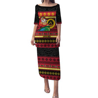Vanuatu Christmas Puletasi Joyeux Noel Surfing Santa With Boar Tusk LT14 Long Dress Red - Polynesian Pride