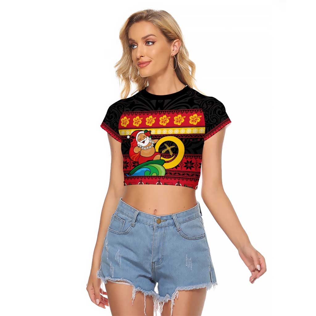 Vanuatu Christmas Raglan Cropped T Shirt Joyeux Noel Surfing Santa With Boar Tusk LT14 Female Red - Polynesian Pride